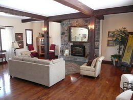 Living Room  - Living Room with fieldstone fireplace, oak floors & 2 picture windows - Country homes for sale and luxury real estate including horse farms and property in the Caledon and King City areas near Toronto